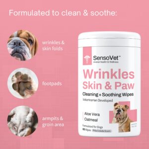 SensoVet Wrinkles, Skin & Paw Grooming Wipes for Dogs - Natural Aloe Vera & Oatmeal (60 Large Wipes)