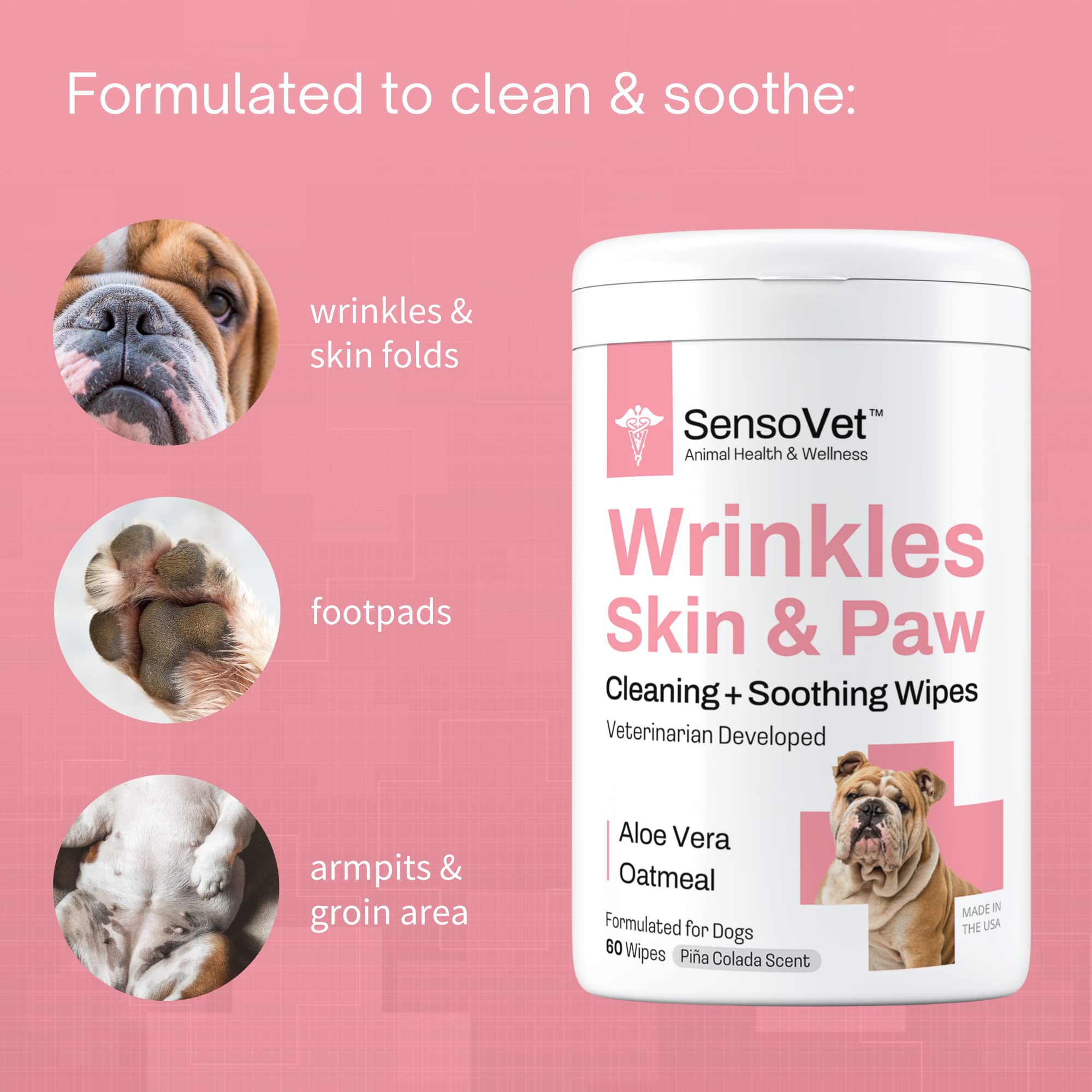 SensoVet Wrinkles, Skin & Paw Grooming Wipes for Dogs - Natural Aloe Vera & Oatmeal (60 Large Wipes)