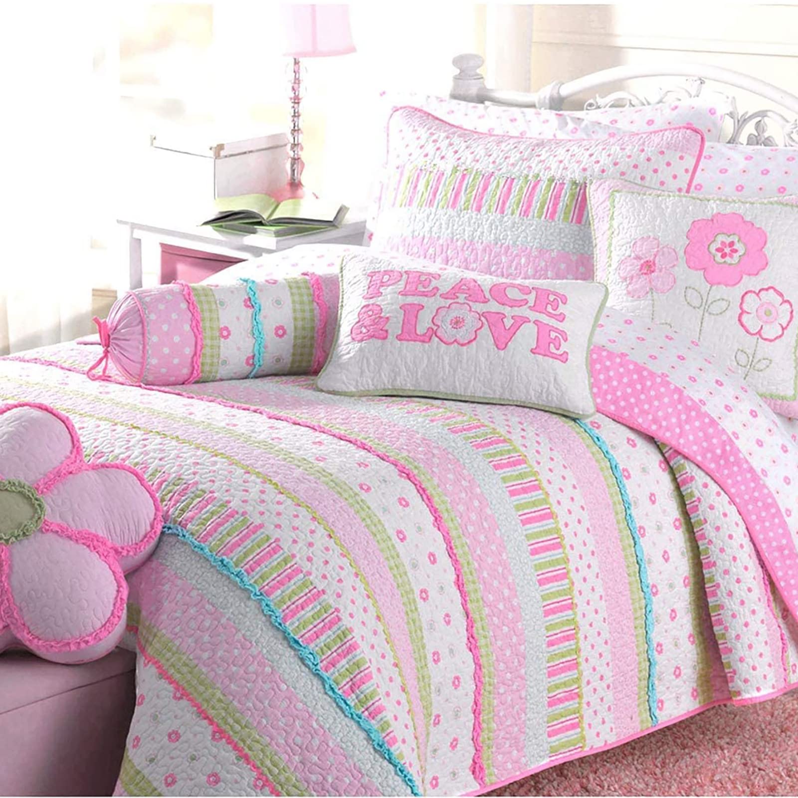 Pink Polka Dot Peace & Love 100% Cotton Reversible Quilt Bedding Set For Kids Girls, Coverlet, Bedspread ( Flower Pastel, Twin - 5 Piece: 1 Quilt + 1 Standard Sham + 3 Decorative Pillows)