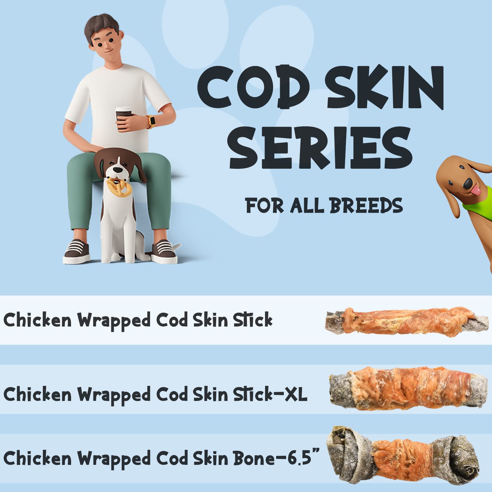 ASMPET Dog Treats, Natural Chicken Jerky Wrapped Cod Fish Skin High Protein Omega 3 Rawhide Free Dog Treats for Small Medium Large Dogs Training Rewards Cookies Biscuits & Snacks 10.6 oz