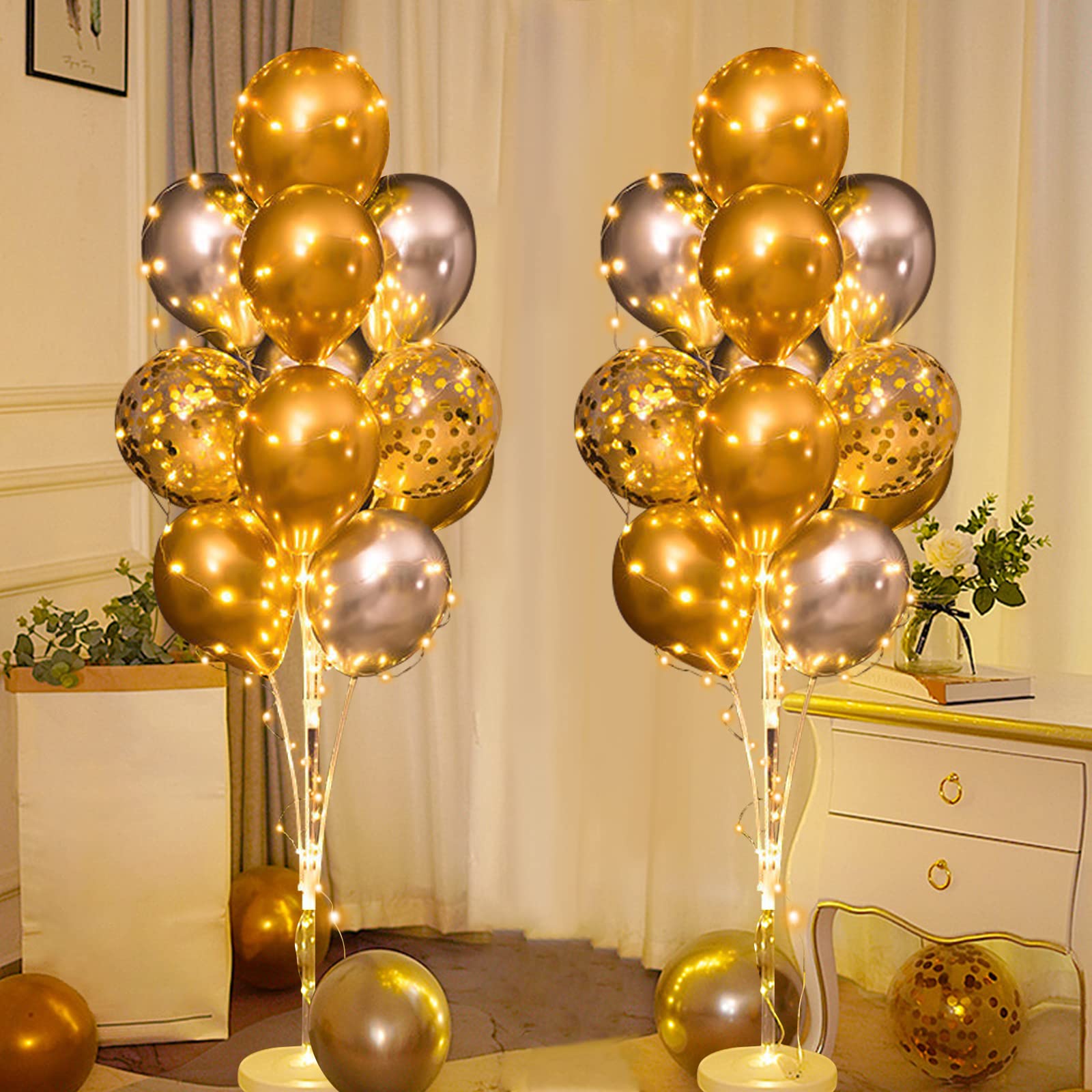 Cicicooie Balloon Stand Kit for Floor with String Light 2 Set Gold and Silver Centerpieces Balloon Holder Decoration for Wedding Adult Birthday Party Bachelorette Party Graduation