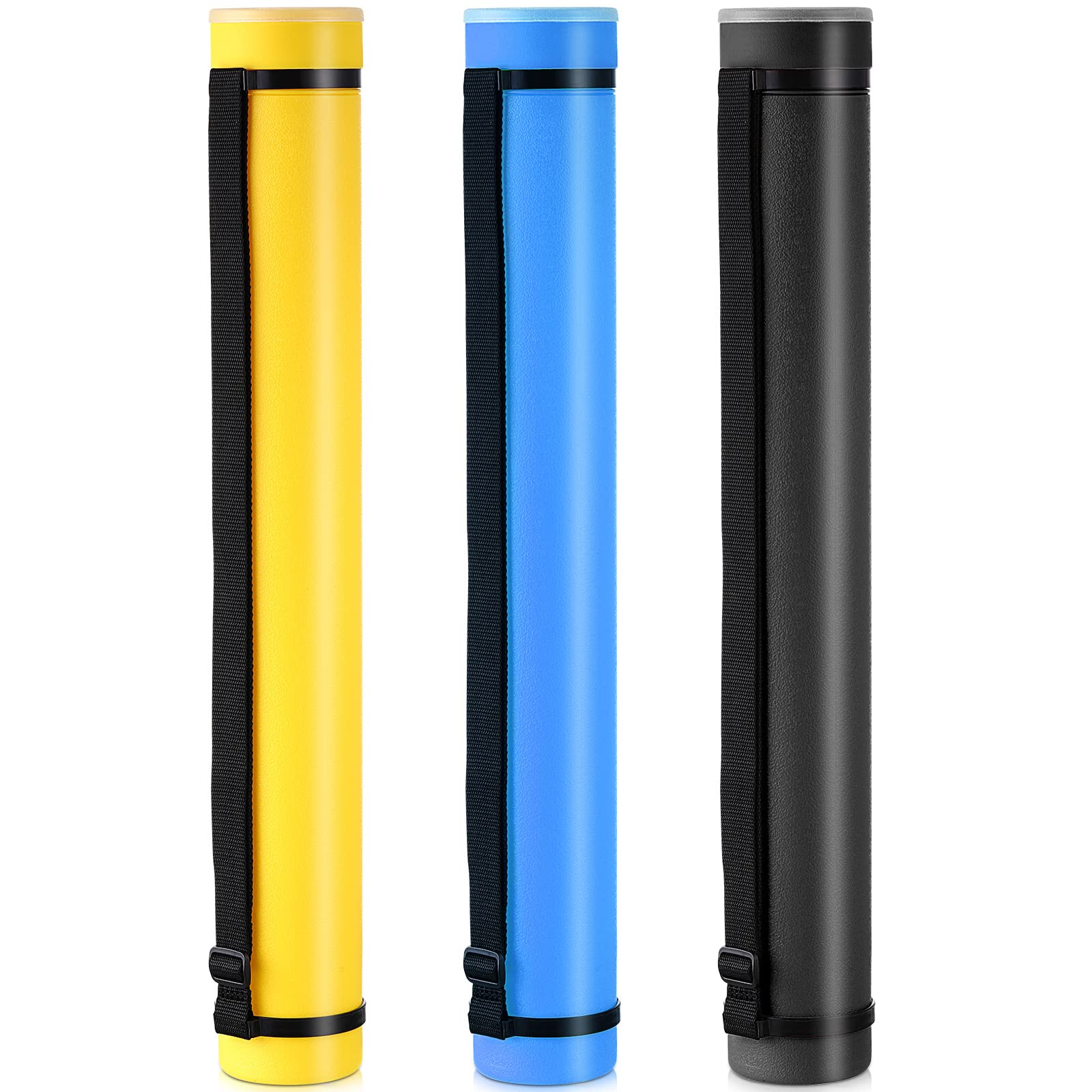 3 Pcs Extendable Poster Tubes Plastic Poster Document Storage Tube with Carrying Strap 24-40 Inch Expanding Blueprint Holder Telescoping Tube with Cap Waterproof Art Poster Tubes (Yellow, Blue, Black)