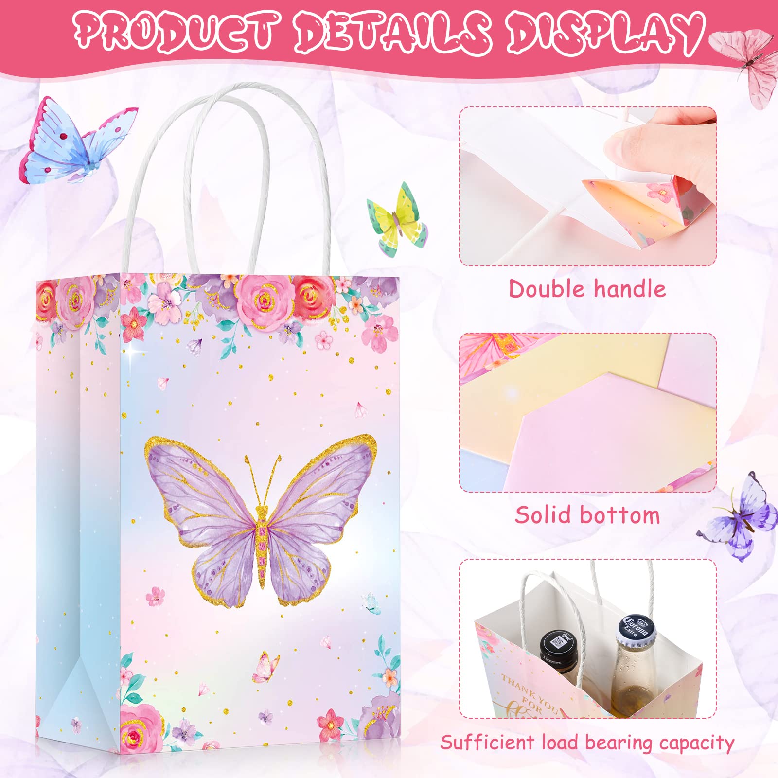 24 Pcs Butterfly Party Favors Gift Bags Goodie Treat Candy Bags Thank You for Fluttering by Paper Bags with Handles for Girls Butterfly Birthday Party Supplies Baby Shower (Watercolor Style)