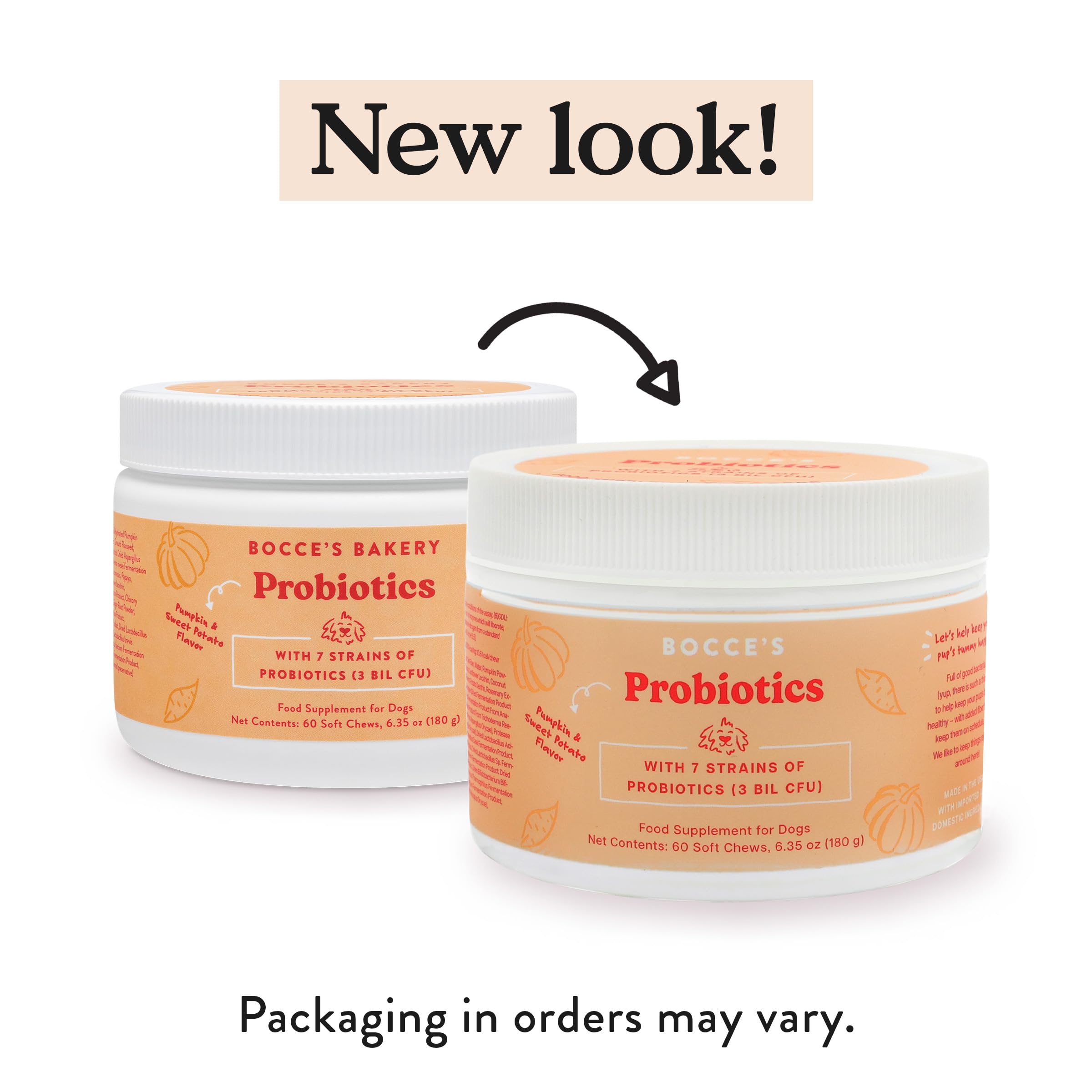 Bocce's Bakery Probiotic Supplement for Dogs, Daily Chews, Made in The USA with with 7 Strains of Probiotics, Supports Digestion, Pumpkin & Sweet Potato, 60 ct, Orange (DG-SP-PRO60)