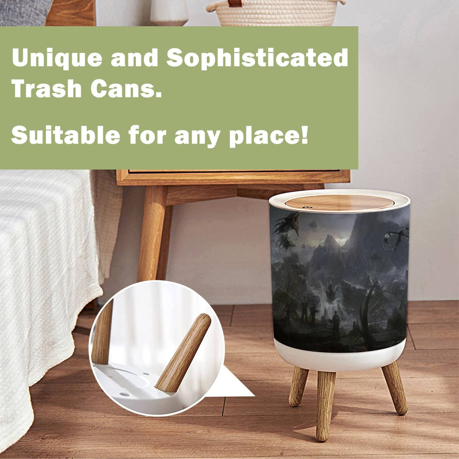 OJNR36WKPD Small Trash Can with Lid Battle Dragon 3D Round Garbage Can Press Cover Wastebasket Wood Waste Bin for Bathroom Kitchen Office 7L/1.8 Gallon