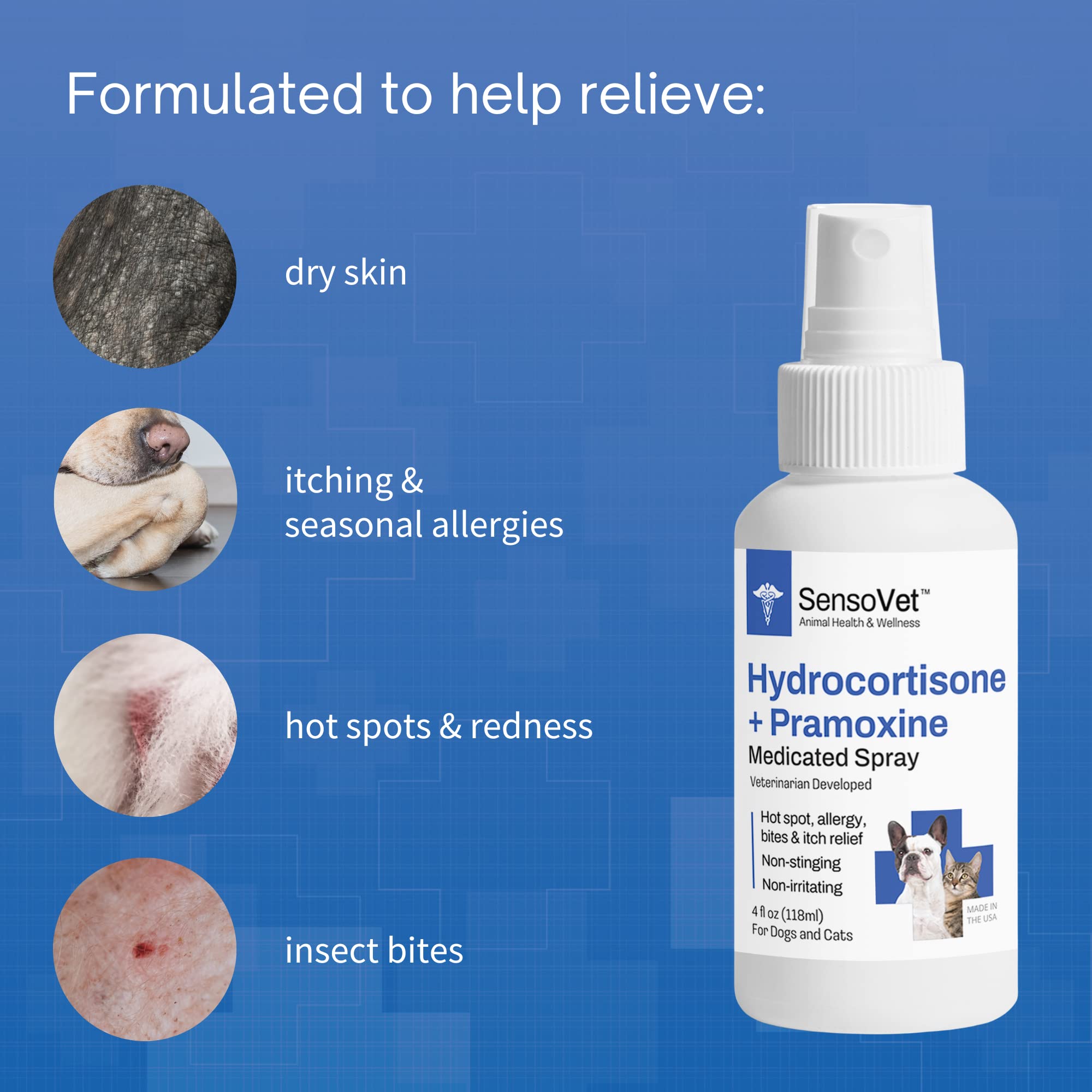 SensoVet Hydrocortisone & Pramoxine Medicated Spray for Dogs & Cats - Itch Relief, Insect Bites, Hot Spots (4oz)