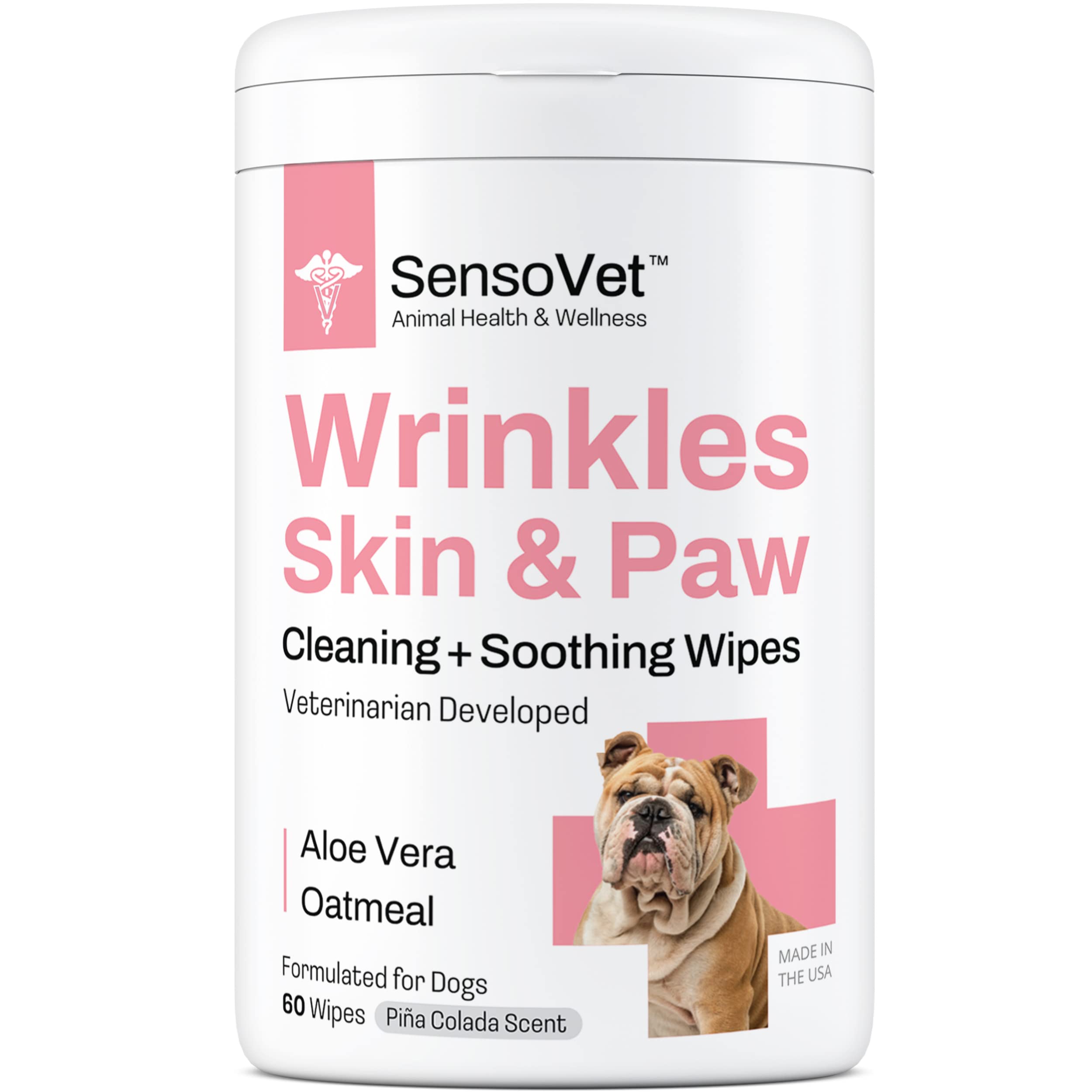 SensoVet Wrinkles, Skin & Paw Grooming Wipes for Dogs - Natural Aloe Vera & Oatmeal (60 Large Wipes)