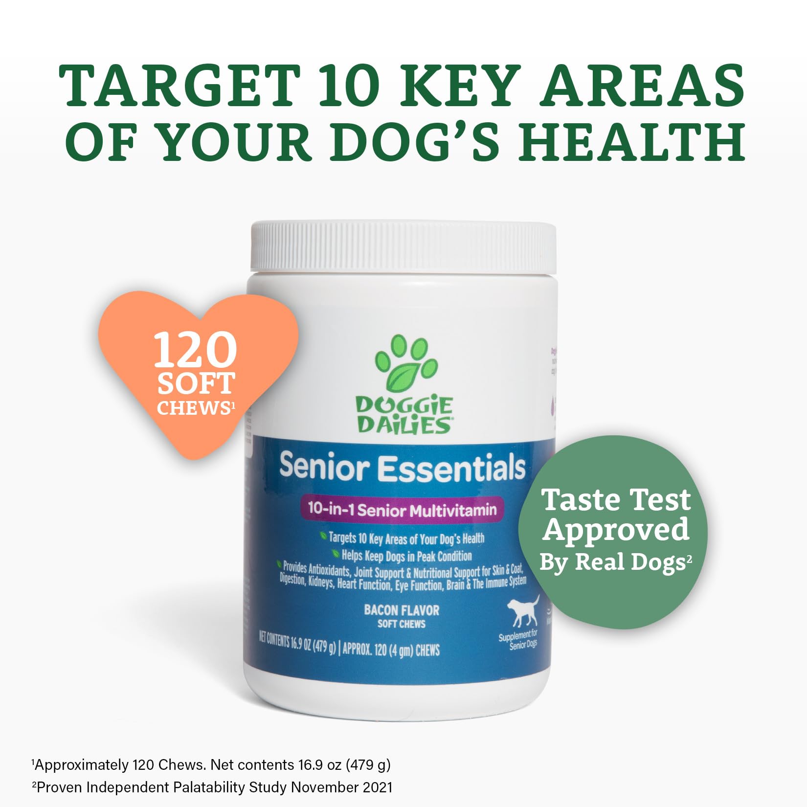 Doggie Dailies Senior Essentials Multivitamin for Dogs Soft Chews | Advanced Dog Multivitamin | Nutritional Support for Joints, Skin & Coat, Digestion, and the Immune System | Bacon Flavor | 120 Count