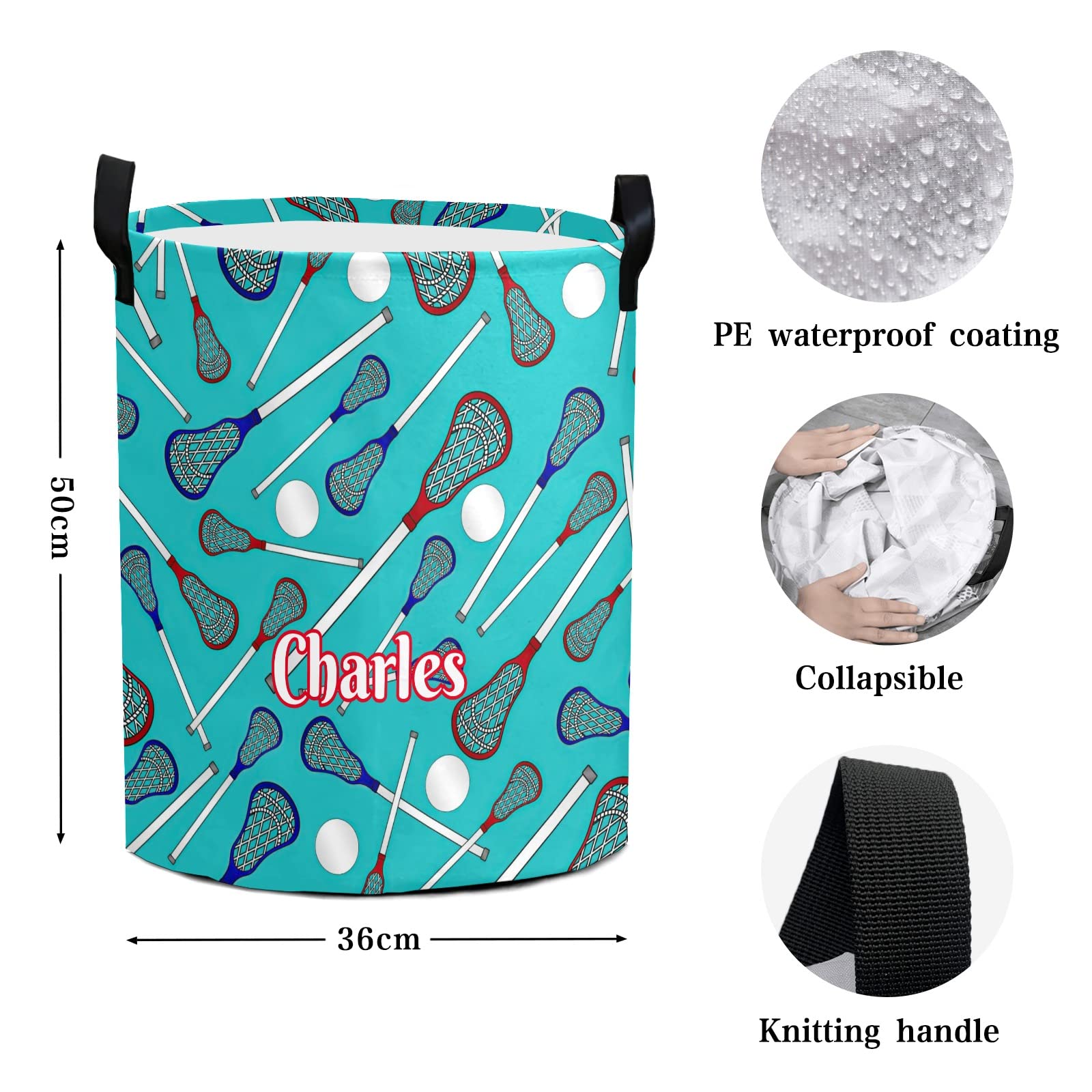 Personalized Lacrosse Sticks Pattern Laundry Basket with Name Waterproof Foldable Storage Bin for Bathroom Home Office Cloth