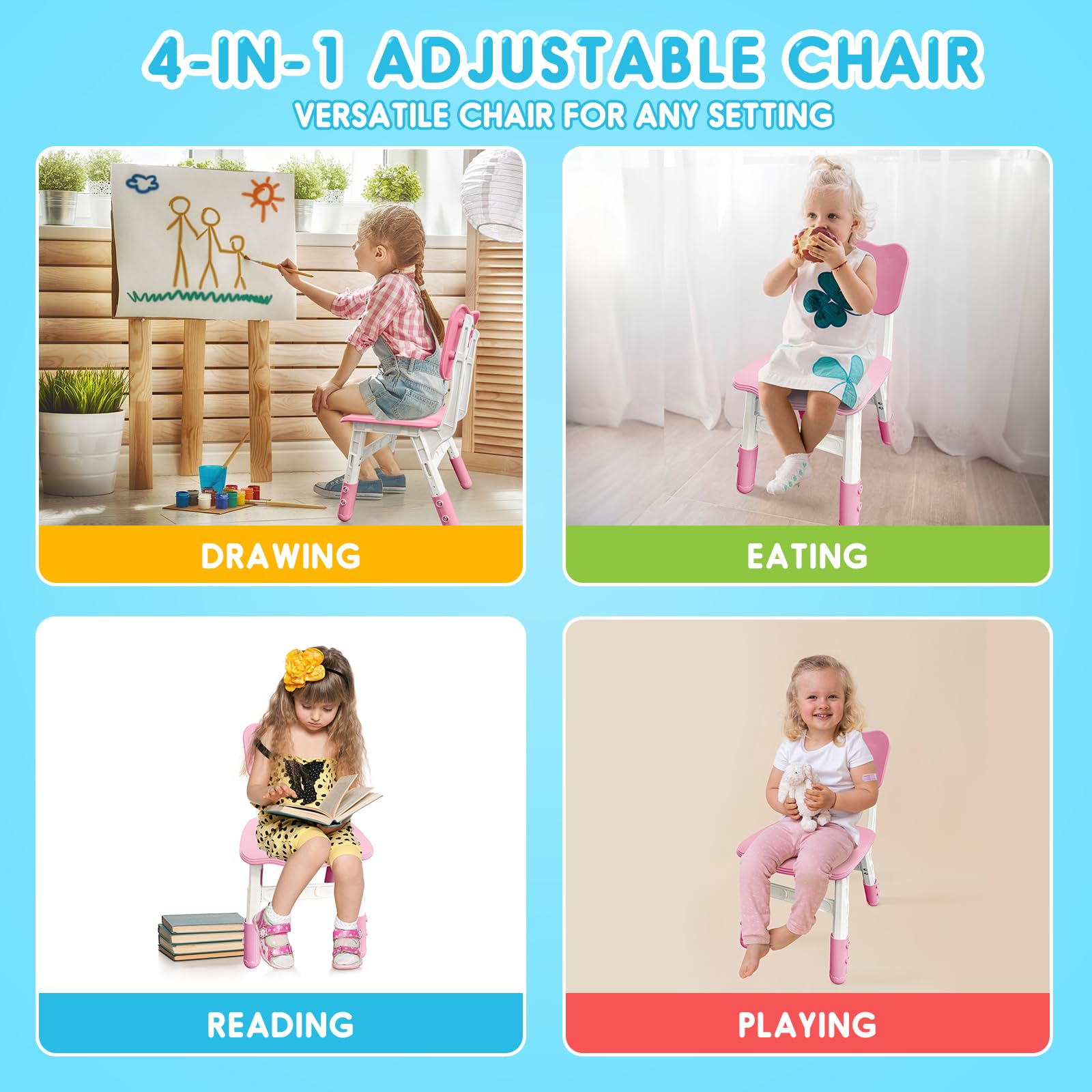 JIAOQIU Kids Chair Height Adjustable Toddler Chair Max Load 220LBS Plastic Indoor Outdoor Chair for Children Age 1-6 School Home Daycare Use Pink