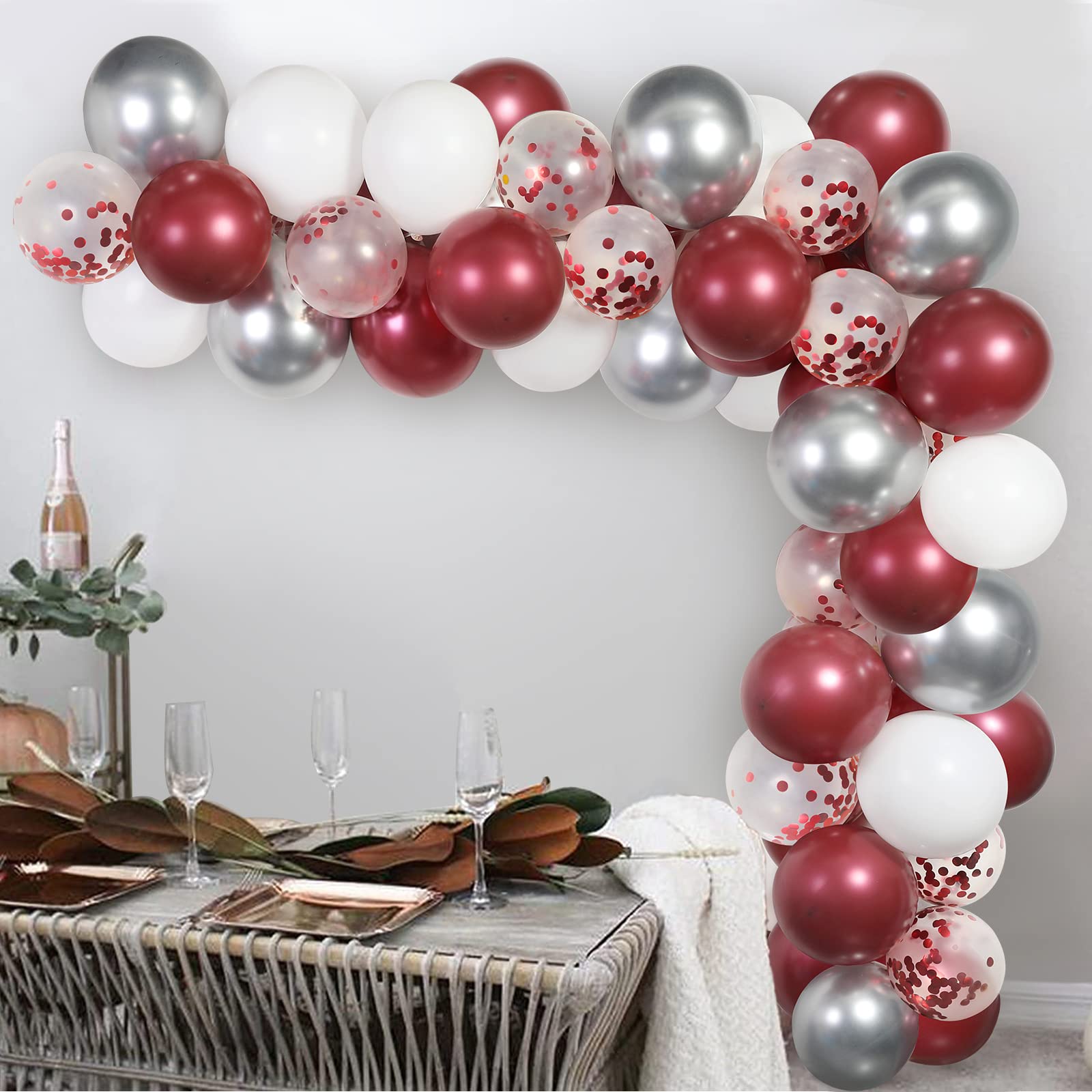 60 Pack Burgundy Red White Silver Maroon Balloons Garland Arch Kit, GAGAKU 12 Inches Latex Confetti Balloons for Women Kids Birthday Wedding Bride Bachelorette Retirement Party Decorations Supplies