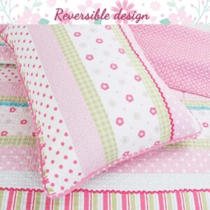 Pink Polka Dot Peace & Love 100% Cotton Reversible Quilt Bedding Set For Kids Girls, Coverlet, Bedspread ( Flower Pastel, Twin - 5 Piece: 1 Quilt + 1 Standard Sham + 3 Decorative Pillows)