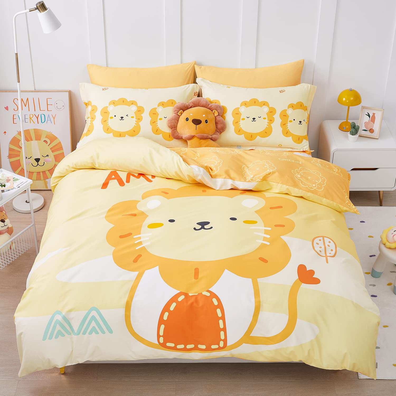 SAPHREAS Lion Kids Duvet Cover Set Twin Size 4pcs with Fitted Sheet Yellow Cute Animal Cartoon Pattern Comforter Cover Set 100% Cotton Quilt Cover 1pc Fitted Sheet 1pc Pillow Shams 2pcs(No Comforter)