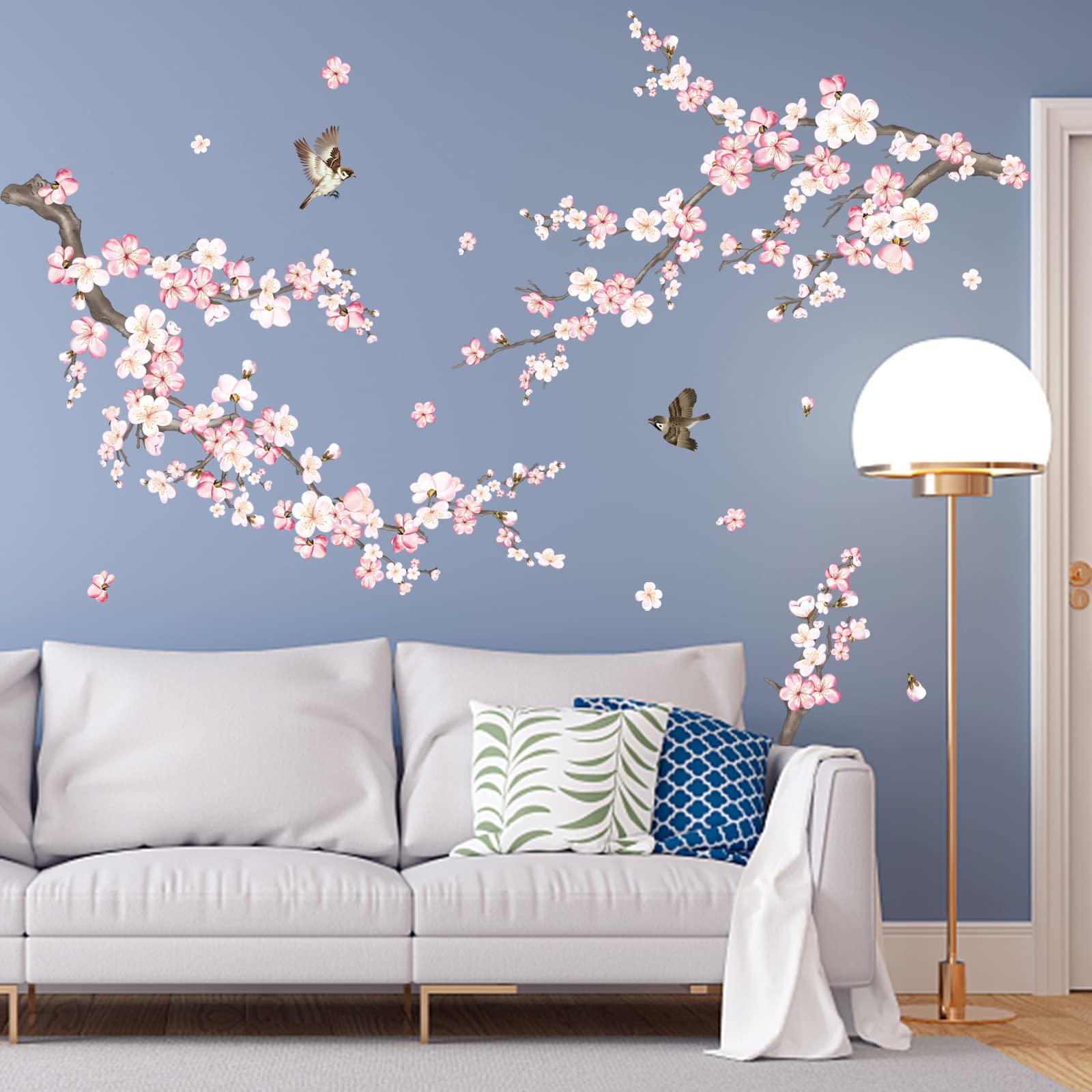 wondever Cherry Blossom Wall Stickers Pink and White Flower Tree Branch Peel and Stick Wall Art Decals for Living Room Bedroom TV Wall