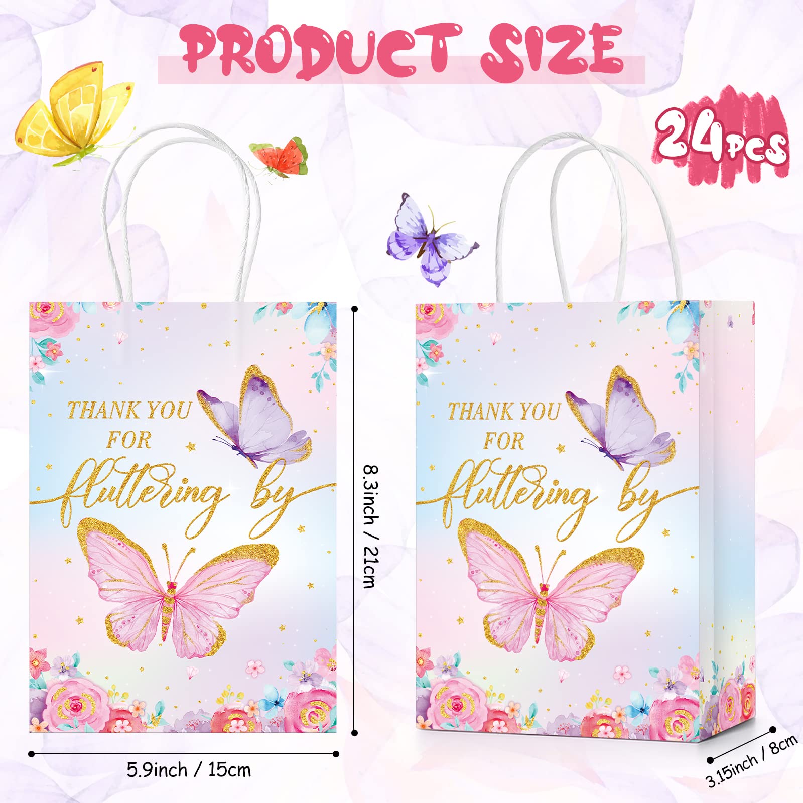 24 Pcs Butterfly Party Favors Gift Bags Goodie Treat Candy Bags Thank You for Fluttering by Paper Bags with Handles for Girls Butterfly Birthday Party Supplies Baby Shower (Watercolor Style)