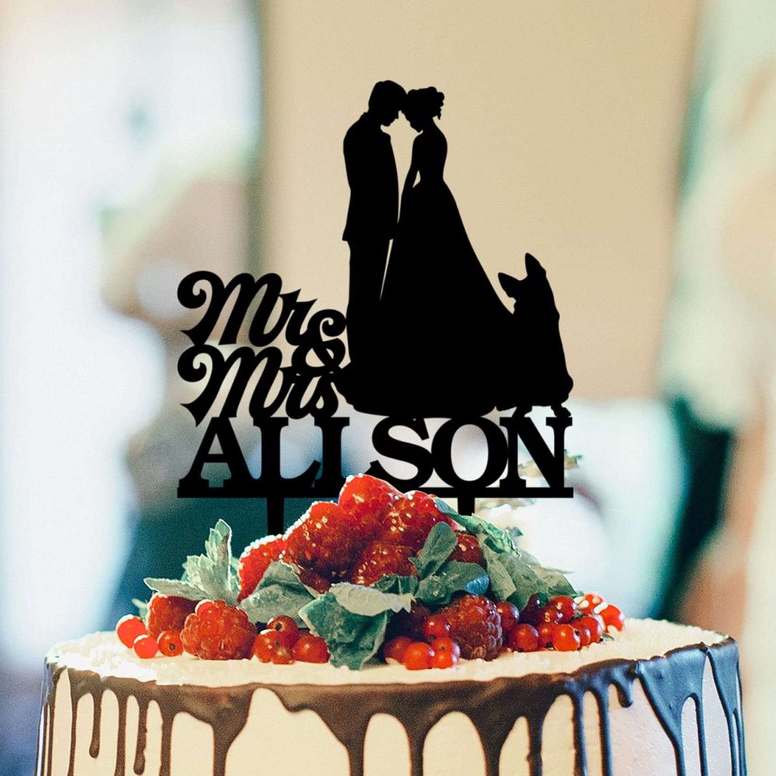 BYRON HOYLE Mr & Mrs Personalised Wedding Cake Topper Bride And Groom Toppers Silhouette Rustic With German Shepherd Dog Black Acrylic Custom (wczmx2fecozc)