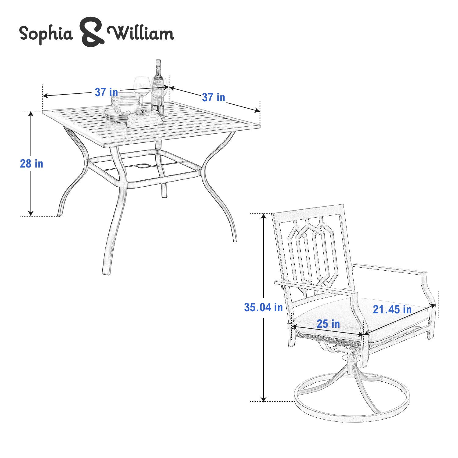 Sophia & William Patio Dining Set 5 Pieces Patio Table and Chairs, 37" Patio Dining Table x 4 Patio Swivel Dining Chairs with Cushion Outdoor Furniture Set for Backyard Lawn Pool Weather Resistant