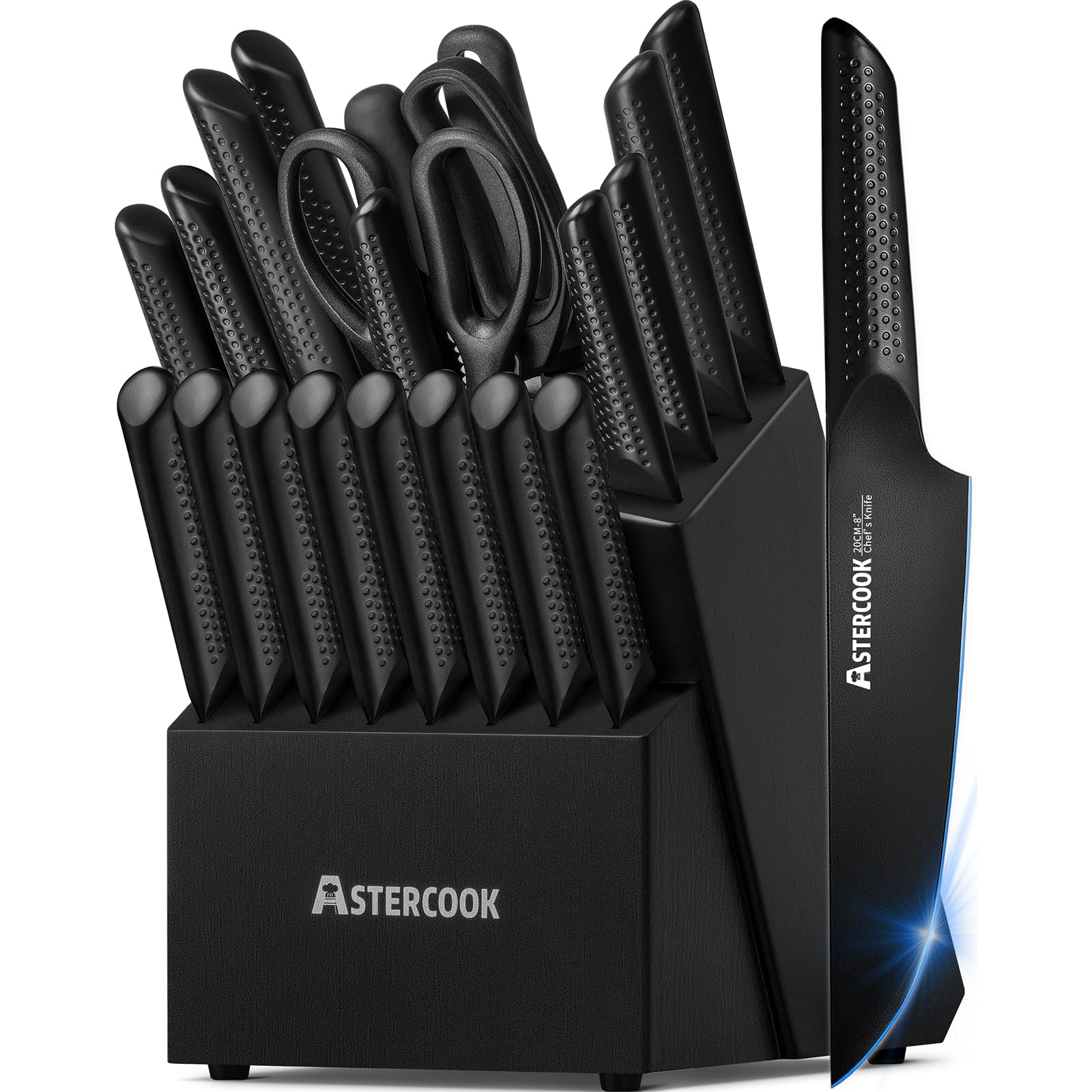 Astercook Knife Set, 21 Pieces Chef Knives Set with Block for Kitchen, German Stainless Steel Handle One-Piece Design Knife Block Sets, Dishwasher Safe, Black