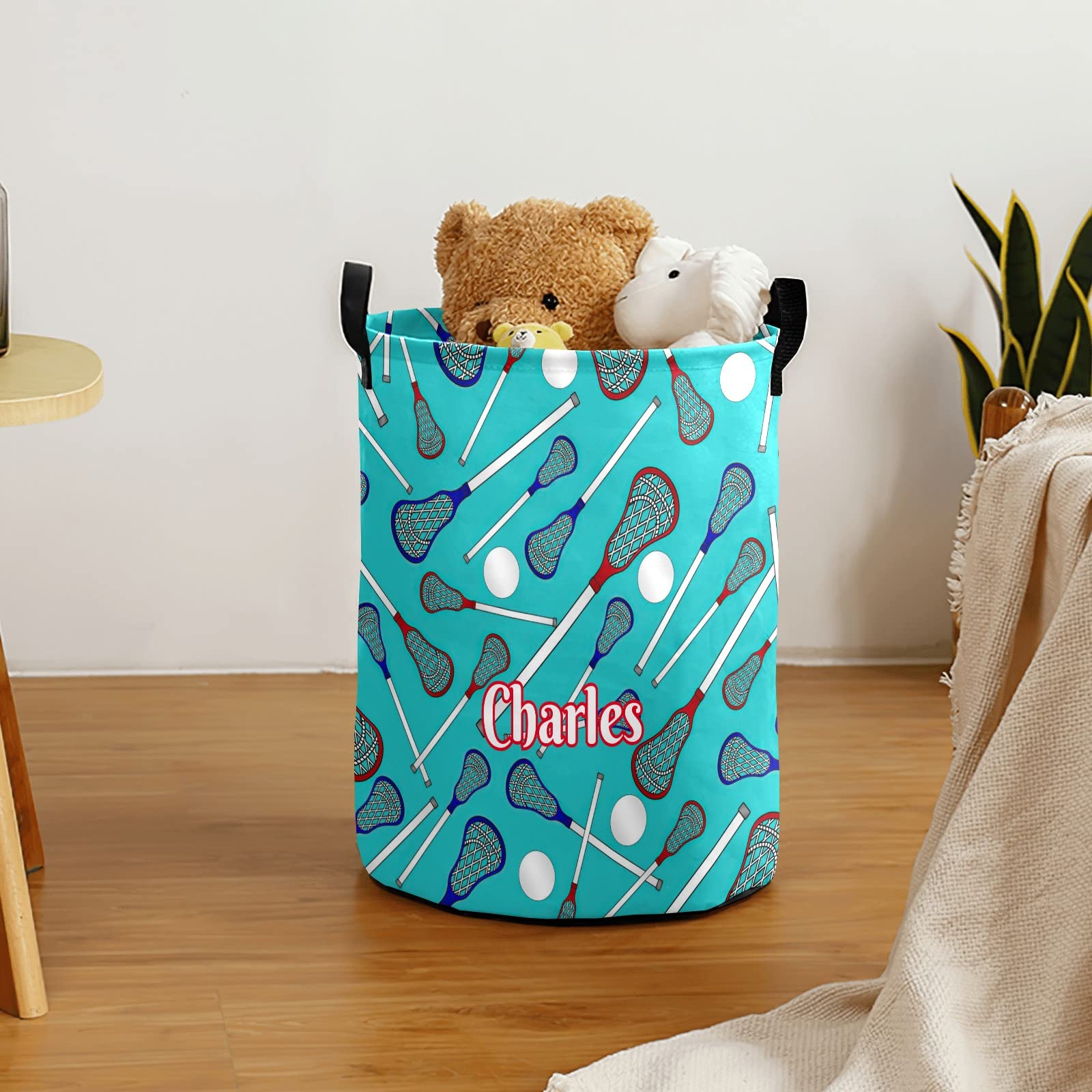 Personalized Lacrosse Sticks Pattern Laundry Basket with Name Waterproof Foldable Storage Bin for Bathroom Home Office Cloth