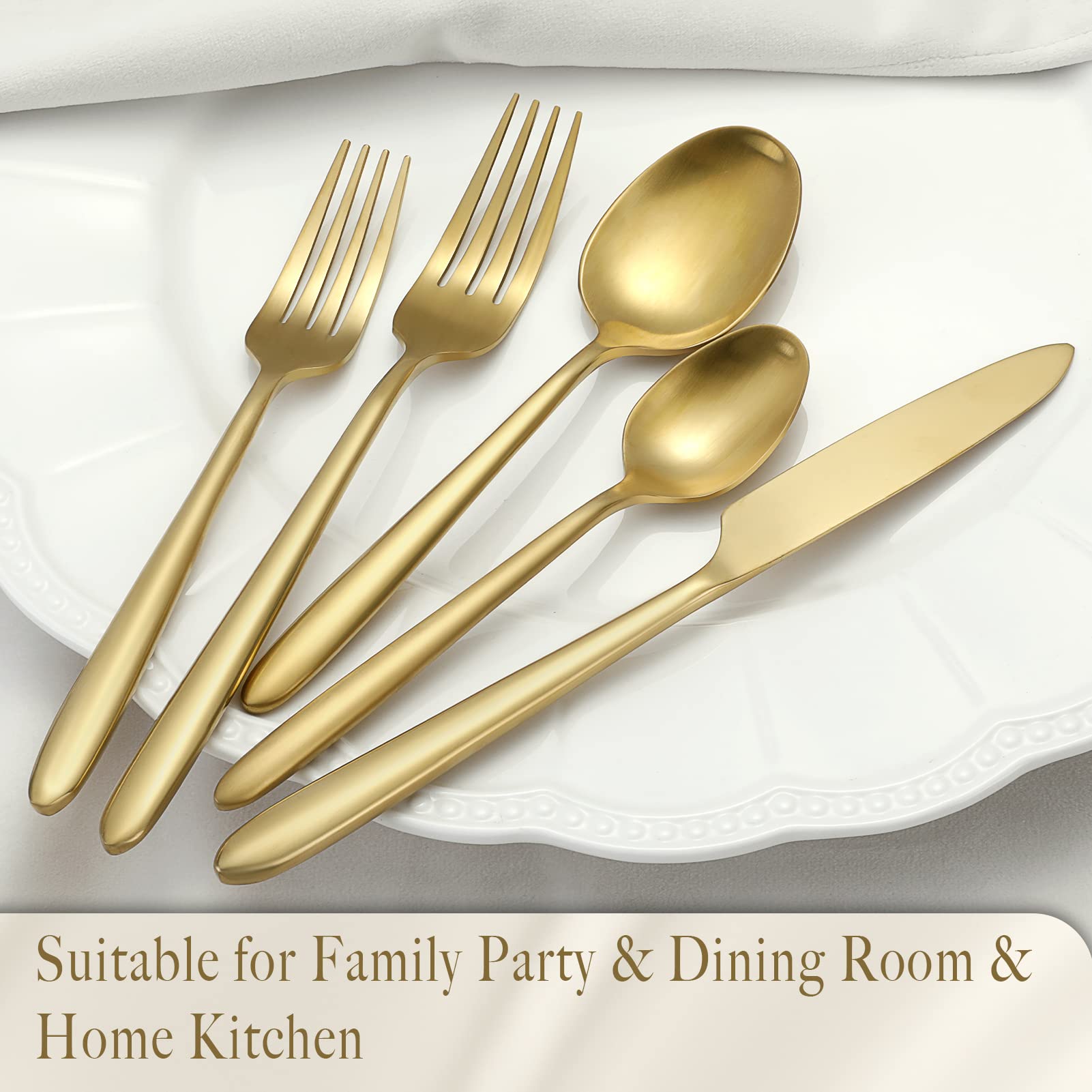 DEACORY Silverware Set Flatware Set Matte Gold Cutlery Set Brushed Finished Heavy Brass Drip Handle Stainless Steel 20 Pieces Service for 4