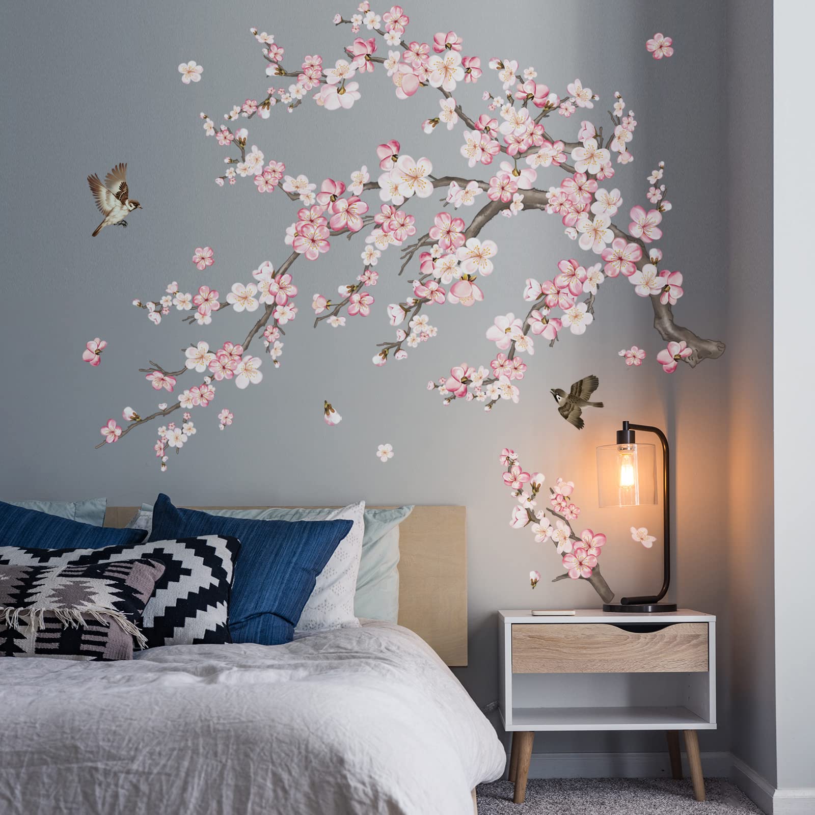 wondever Cherry Blossom Wall Stickers Pink and White Flower Tree Branch Peel and Stick Wall Art Decals for Living Room Bedroom TV Wall