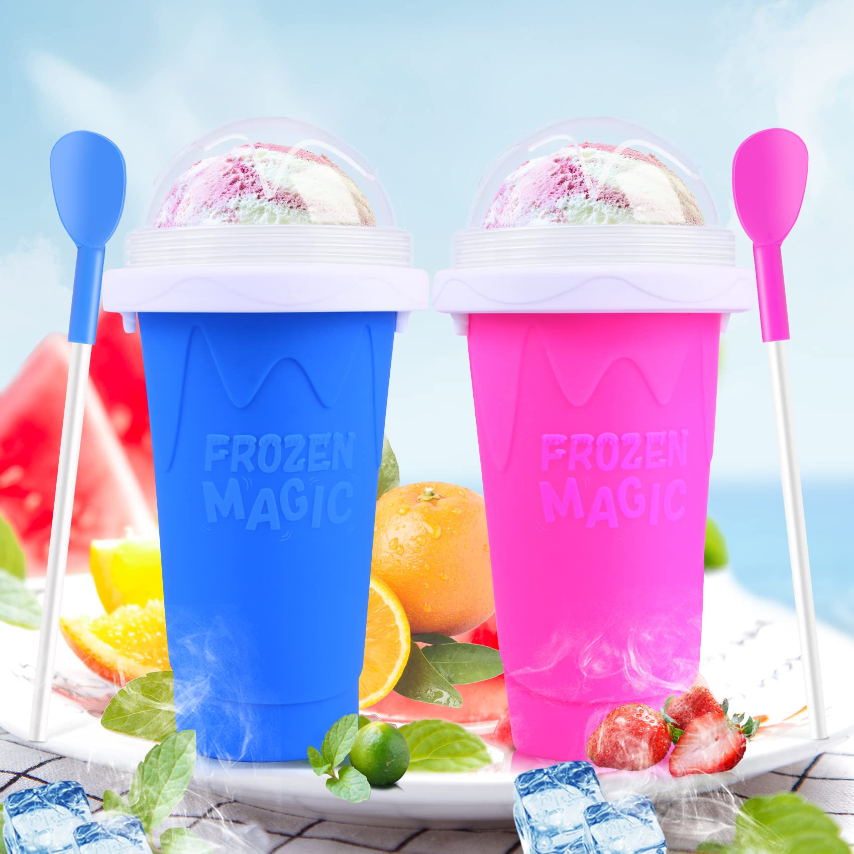 DIY Slushy Maker Cup 2 Pack, Double Layers Silica Cup,Smoothie Pinch Ice Cup, Frozen Magic Squeeze Cup, Cooling Maker Cup, Freeze Mug Tools, Portable Squeeze Icy Cup