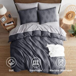 Nestl Boho Bedding Queen - Grey Duvet Cover Queen Size, Textured Queen Duvet Cover Set, 3 Piece Tufted Boho Duvet Cover with Zipper Closure, 1 Queen Size Duvet Cover 90x90 Inches and 2 Pillow Shams