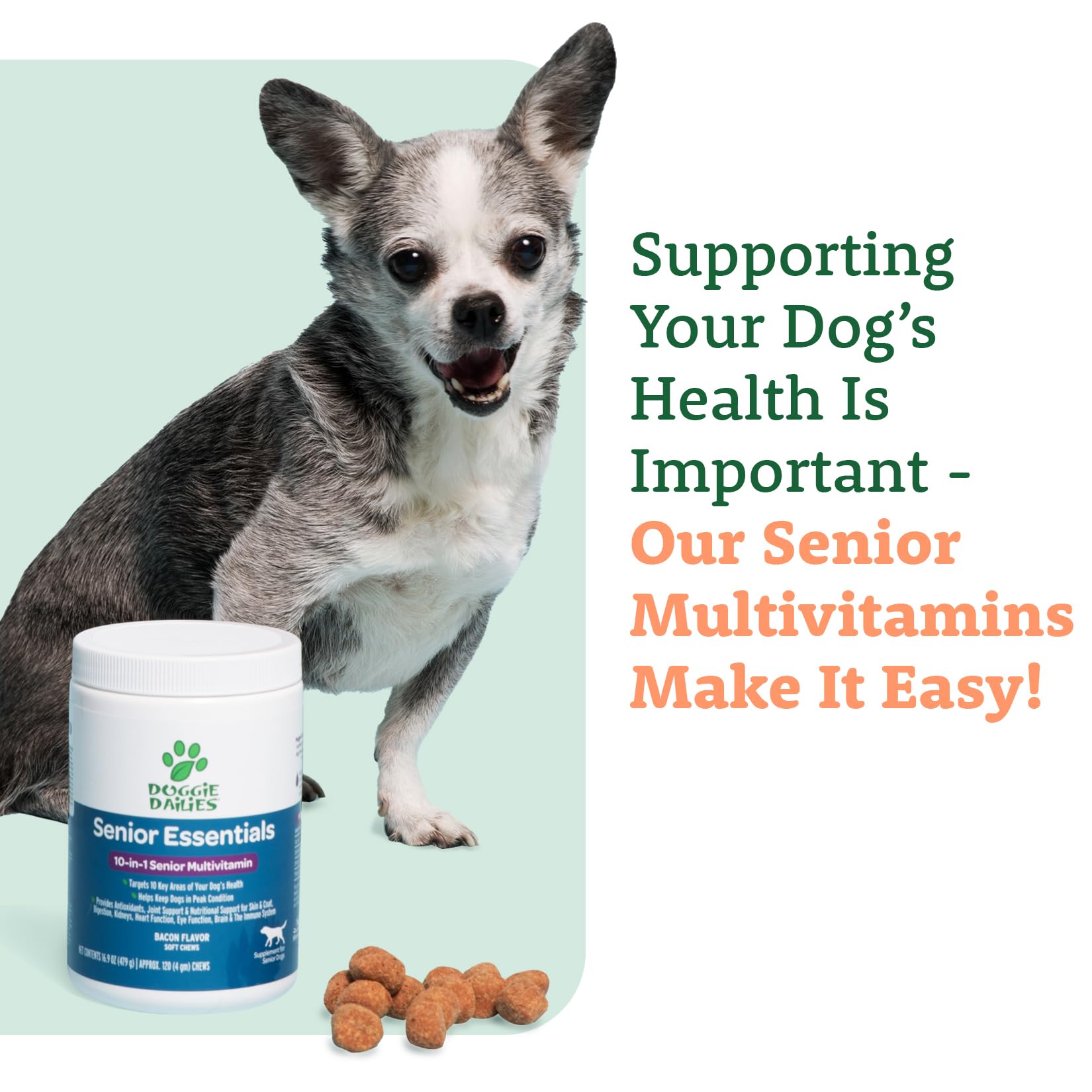 Doggie Dailies Senior Essentials Multivitamin for Dogs Soft Chews | Advanced Dog Multivitamin | Nutritional Support for Joints, Skin & Coat, Digestion, and the Immune System | Bacon Flavor | 120 Count