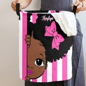 African Black Girl Princess Personalized Laundry Basket Clothes Round Storage Handle Waterproof, Custom Foldable Large Capacity and Lightweight, For Bedroom Bathroom Toy Decoration