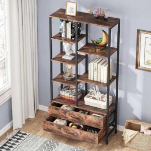 tribesigns bookshelf, tall bookcase with drawers, industrial open bookshelves with storage space, freestanding etagere bookcase organizer display rack for home office, brown