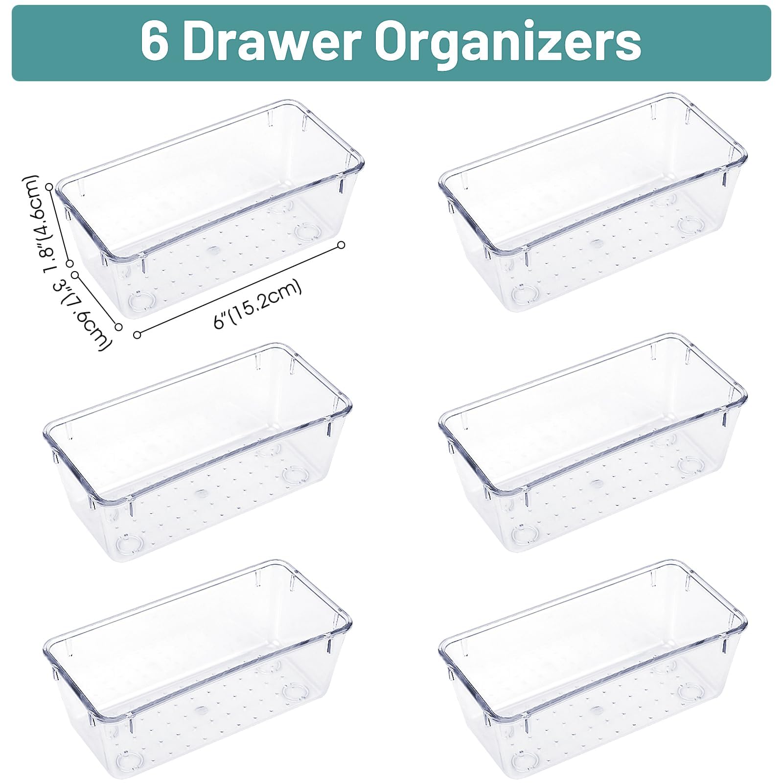 WOWBOX 6 PCS Clear Plastic Drawer Organizer Set, Desk Drawer Divider Organizers and Storage Bins for Makeup, Jewelry, Gadgets for Kitchen, Bedroom, Bathroom, Office