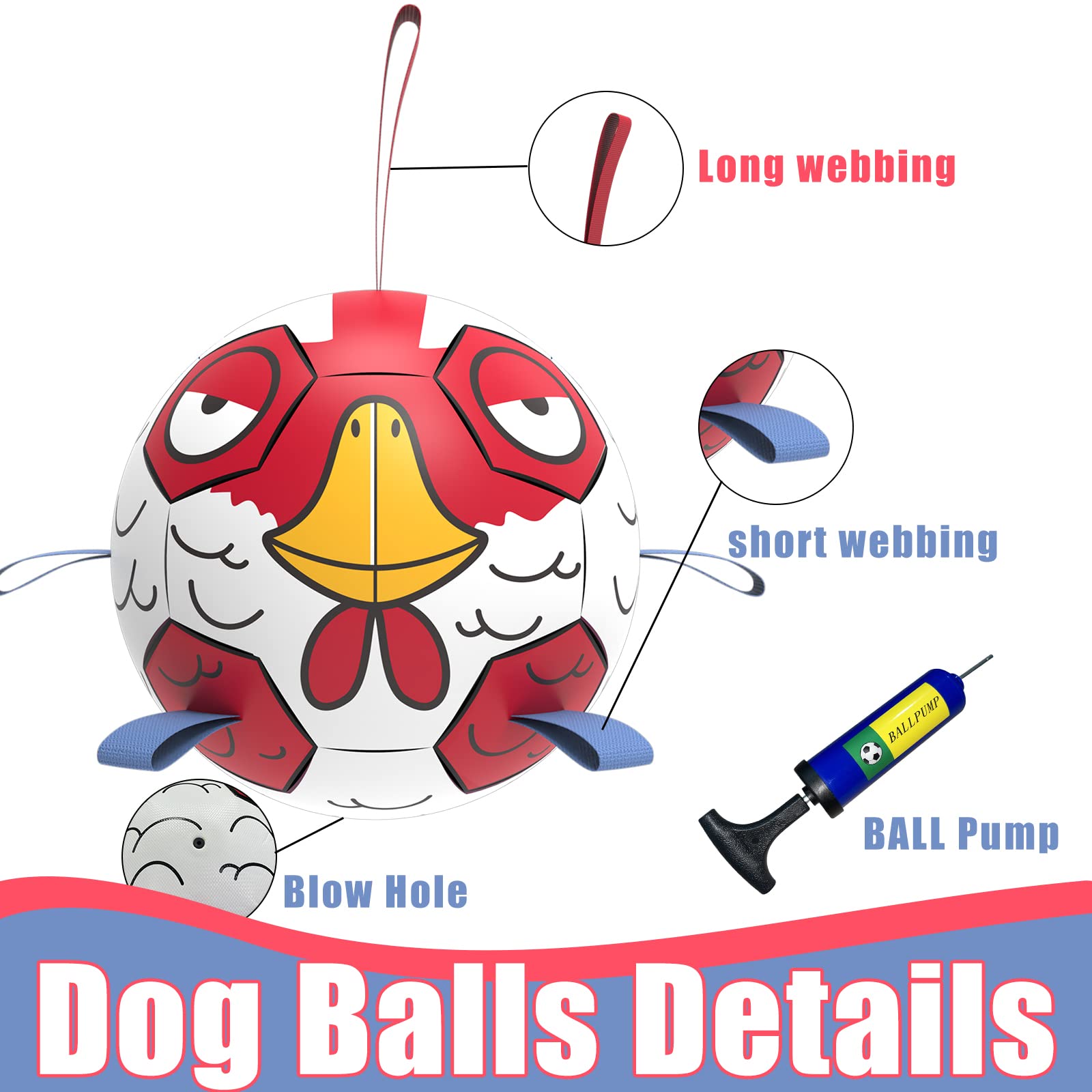 QDAN Chicken Dog Toys Soccer Ball with Straps, Interactive Toys for Tug of War, Puppy Birthday Gifts, Dog Water Toy, Durable Balls for Dogs（8 Inch）