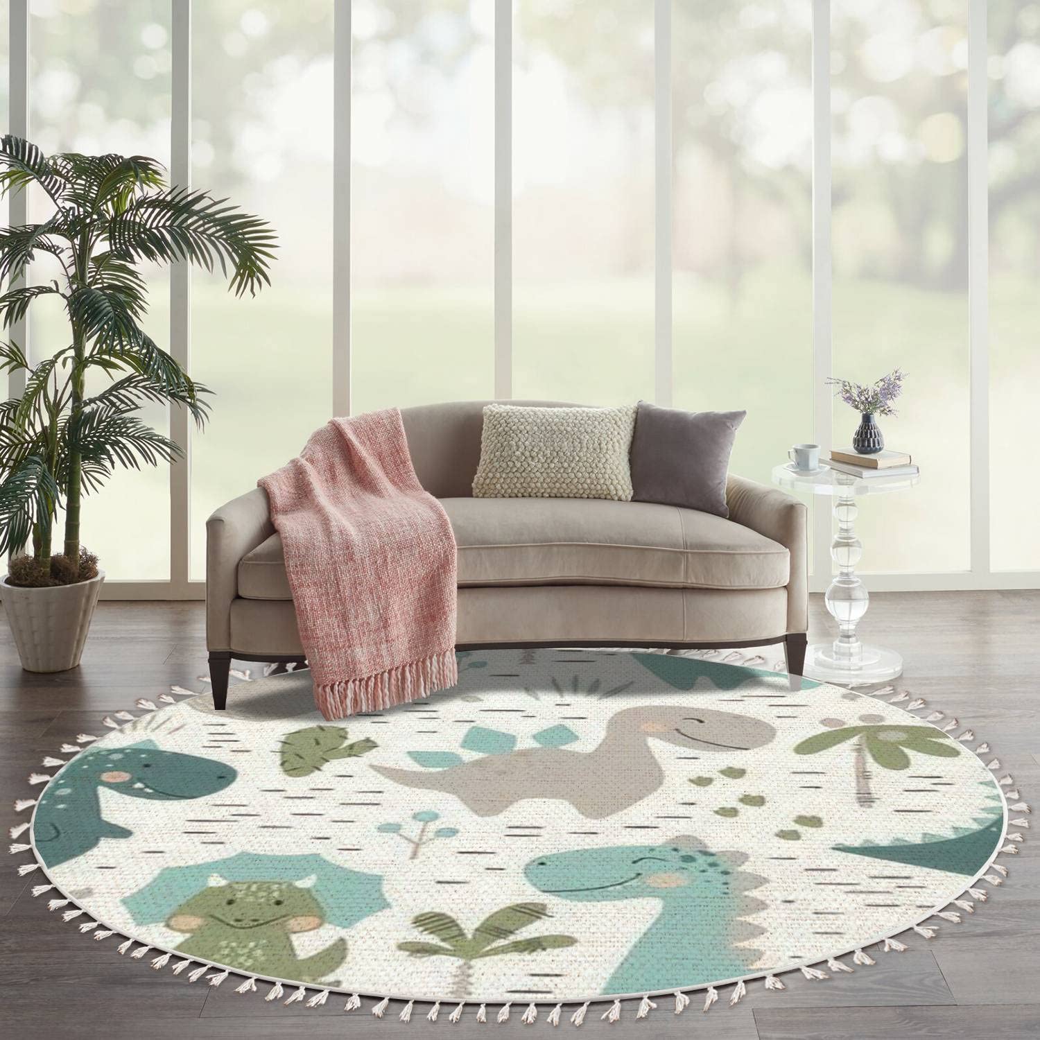 Round Rugs Dinosaur Baby boy Childish Sweet Dino with Palm and Cactus Boho Area Rug Linen and Cotton Carpet Meditation Rug Washable Hallway Runner Mat Accent Rug for Bedroom Bathroom 6ft