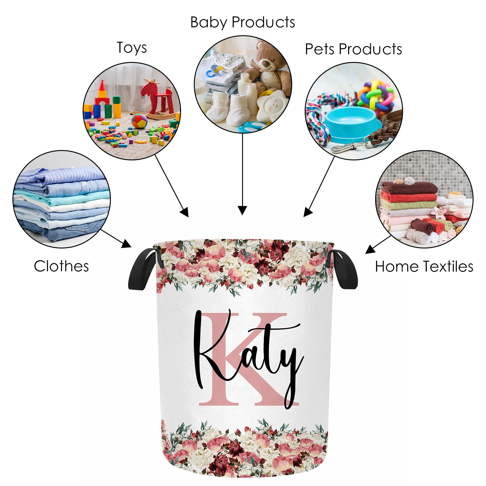 Custom Name Laundry Hamper, Personalized Dirty Clothes Hamper Basket with Name for Bathroom Bedrooms, Customized Name Circular Hamper with Handles Gifts for Boys Girls Men Women 15.7 * 19.6inch