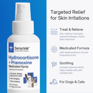 SensoVet Hydrocortisone & Pramoxine Medicated Spray for Dogs & Cats - Itch Relief, Insect Bites, Hot Spots (4oz)