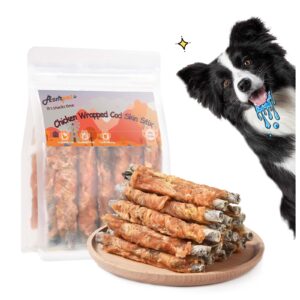 asmpet dog treats, natural chicken jerky wrapped cod fish skin high protein omega 3 rawhide free dog treats for small medium large dogs training rewards cookies biscuits & snacks 10.6 oz