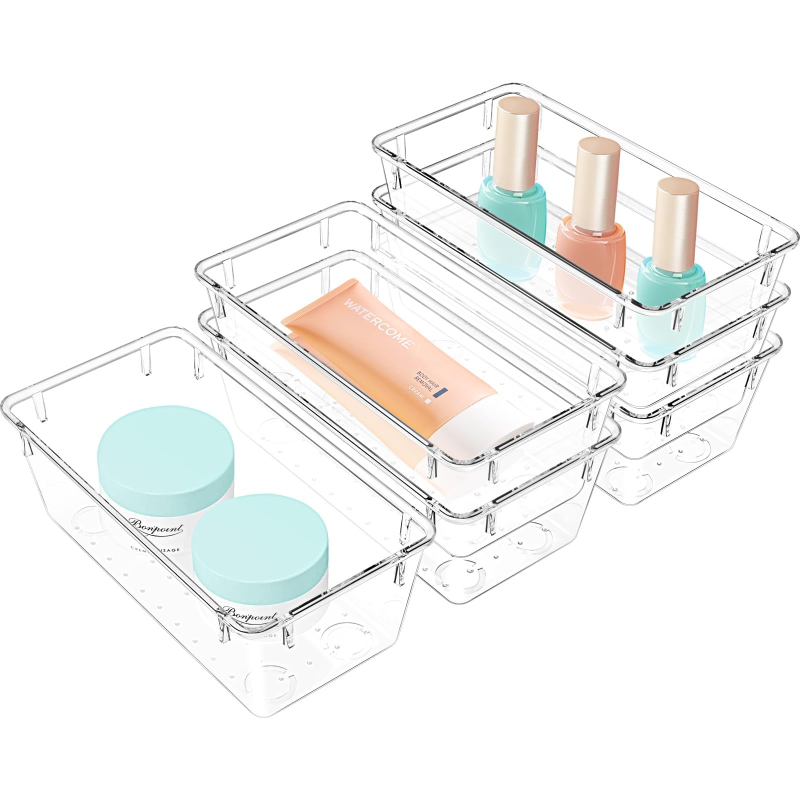 WOWBOX 6 PCS Clear Plastic Drawer Organizer Set, Desk Drawer Divider Organizers and Storage Bins for Makeup, Jewelry, Gadgets for Kitchen, Bedroom, Bathroom, Office