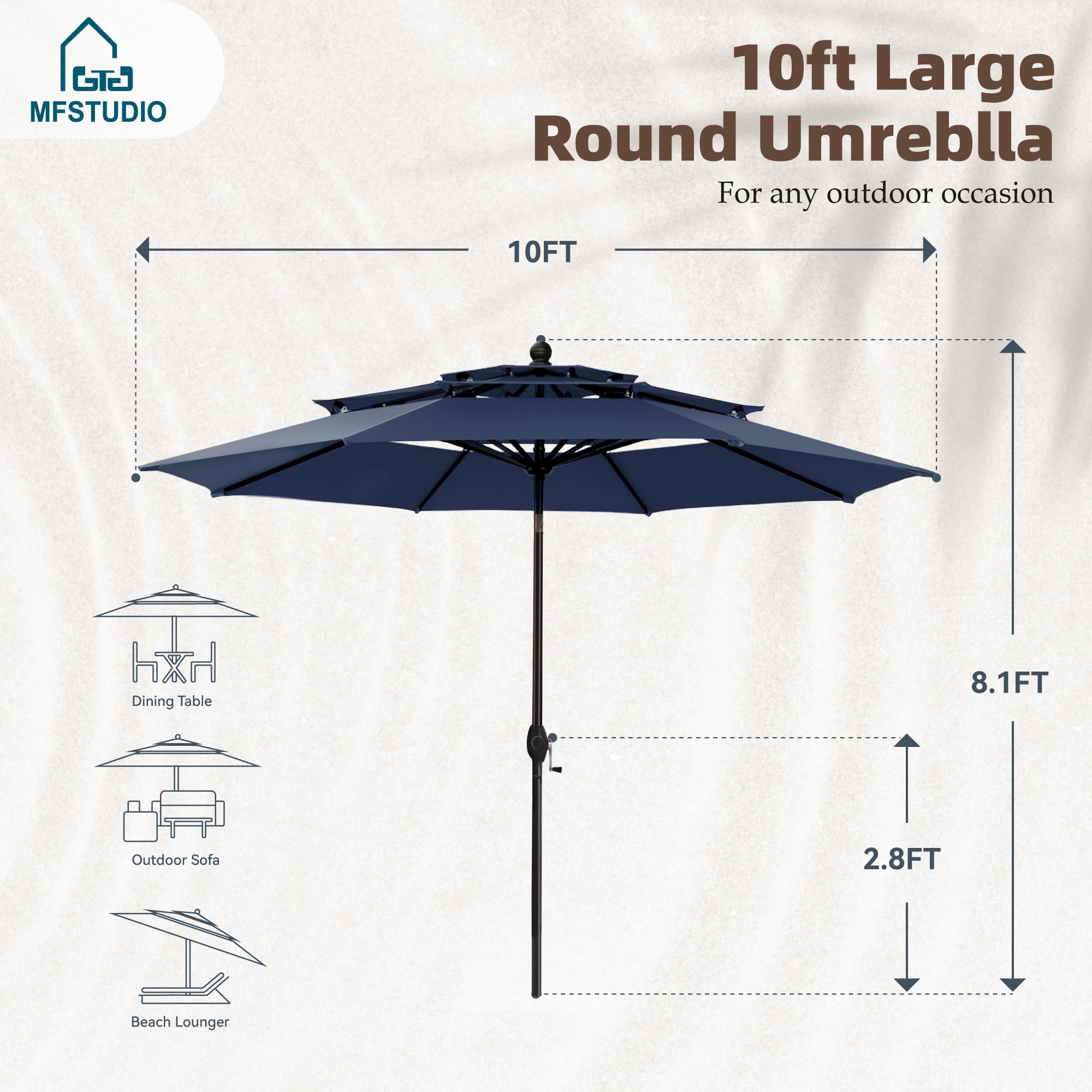 MFSTUDIO 6 Pieces Outdoor Patio Dining Set for 4 with Umbrella, Patio Square Metal Table and Rattan Chairs of 4 with Umbrella, Outdoor Patio Wicker Dining Furniture Set with 10ft Umbrella (Navy Blue)