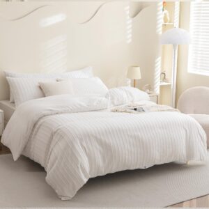 JELLYMONI White Duvet Cover Queen Size - 3PCS Microfiber Boho Striped Tufted Textured Duvet Cover with Corner Ties & Zipper Closure