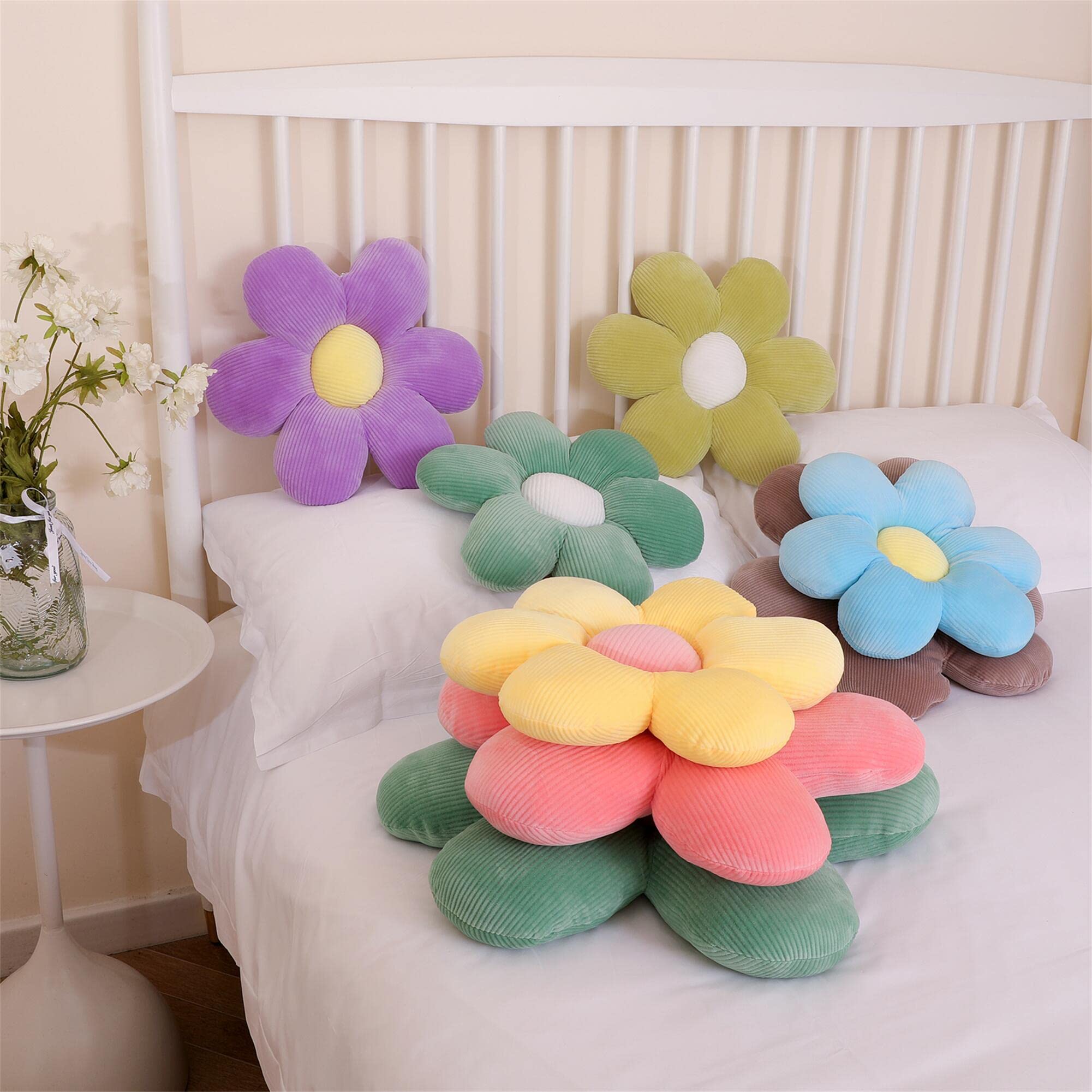 YILANLAN Cute flower pillow plush floor pillow cartoon thick plush office chair sitting tatami flower cushion cushion simple room decoration (40cm*40cm, White)