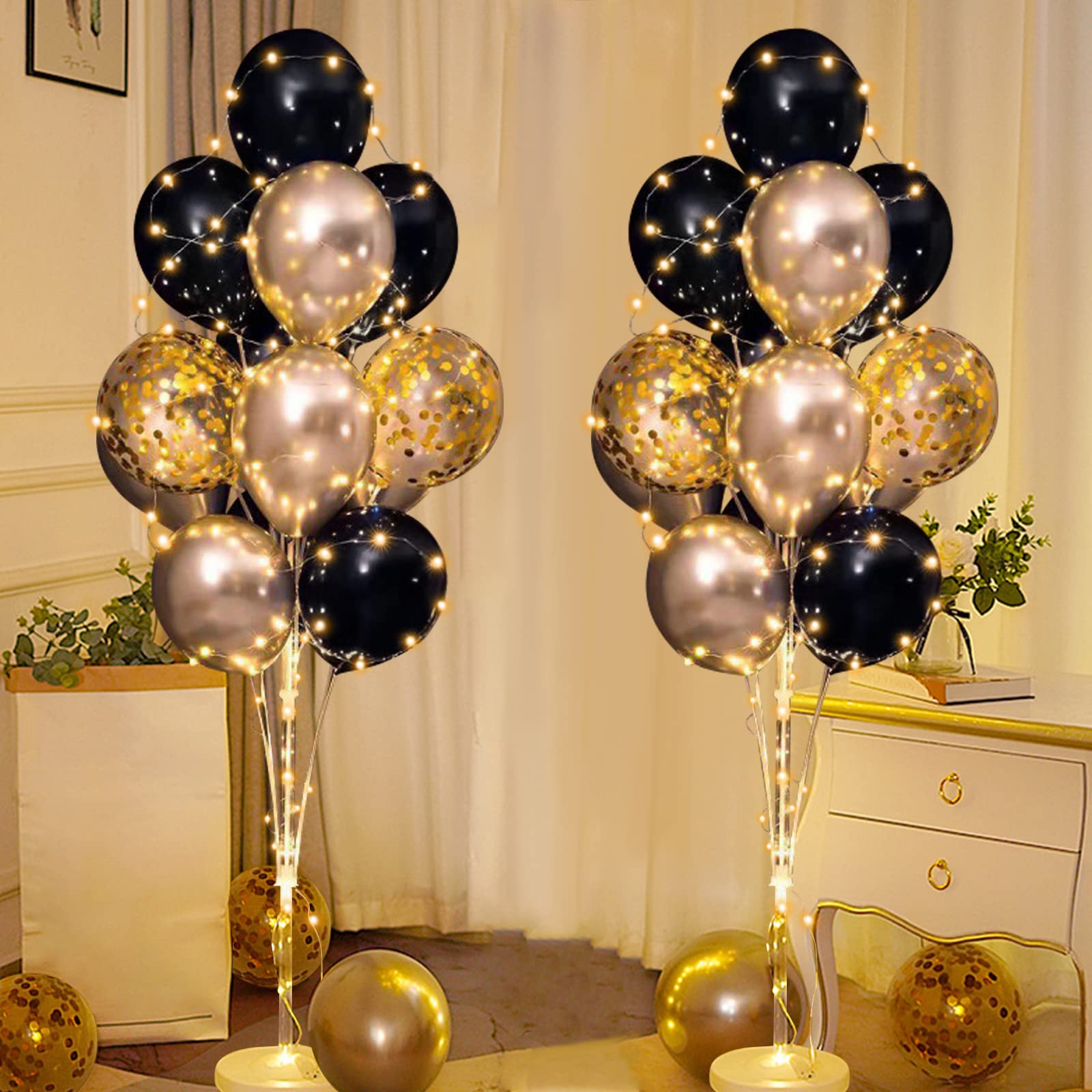 Balloon Centerpieces for Floor with String Light 2 Set Black Balloon Stand Kit Holder Decoration for Wedding Adult Birthday Party Men Bachelor Party