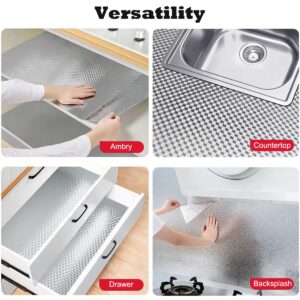 Kitchen Waterproof Oil Proof Aluminum Foil Sticker, Silver Chequer Peel and Stick Wallpaper Removable and Self Adhesive Paper for Kitchen Countertops Desk Cabinet (15.7"x394", Silver Chequer)