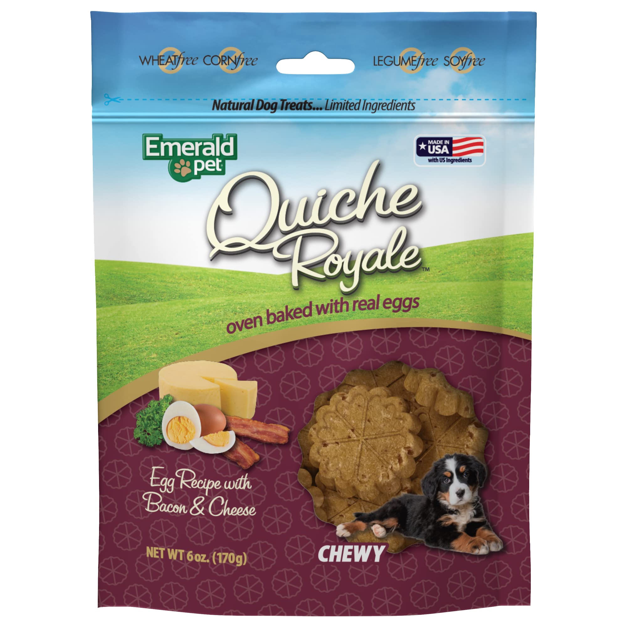 Emerald Pet Quiche Royale Premium Training Dog Treats — Healthy and Tasty Natural Dog Chews Made with Real Eggs — Limited Ingredient Dog Treats Made in The USA — Bacon & Cheese Treats, 6 oz