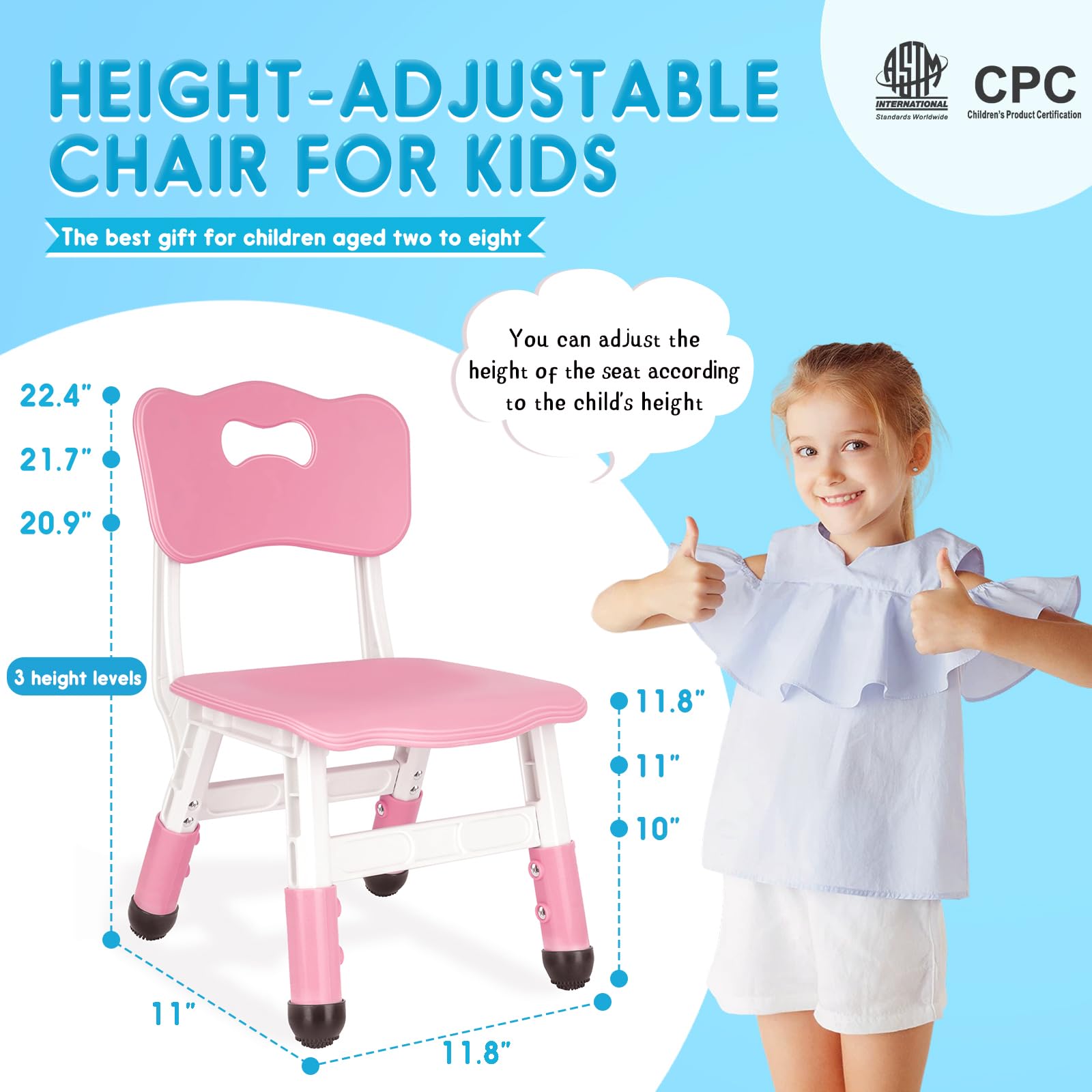 JIAOQIU Kids Chair Height Adjustable Toddler Chair Max Load 220LBS Plastic Indoor Outdoor Chair for Children Age 1-6 School Home Daycare Use Pink