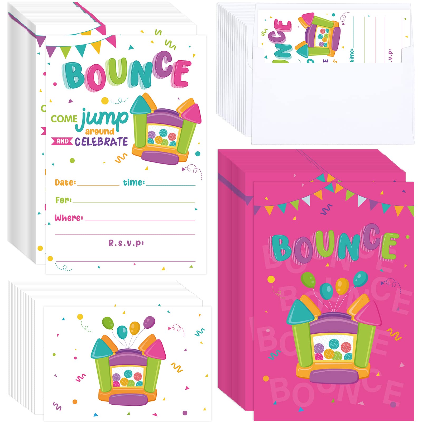 Nezyo 30 Count Bounce House Birthday Invitations Jumping Party Invitations Bounce Graduation Birthday Party Invite Card with 30 Castle Envelopes for Boy Girl Trampoline Jump Birthday Party(Pink)