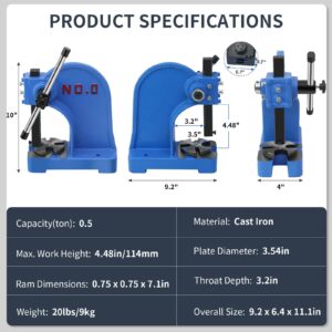 PNBO Manual Arbor Press 0.5 Ton,Heavy Duty Cast Iron Desktop Punch Press Machine, for Riveting Punching Holes