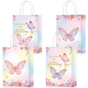 24 pcs butterfly party favors gift bags goodie treat candy bags thank you for fluttering by paper bags with handles for girls butterfly birthday party supplies baby shower (watercolor style)