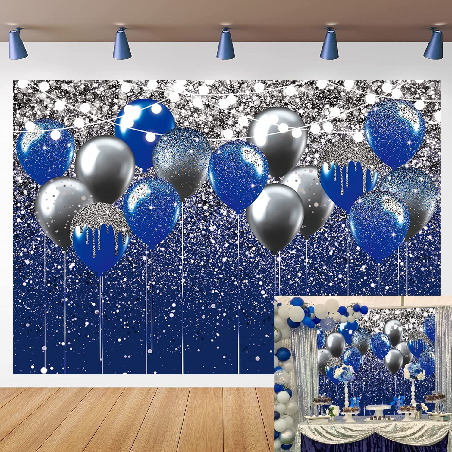 Royal Blue Glitter Backdrop Blue and Silver Black Balloon Sequin Photography Background for Birthday Wedding Graduation Prom Party Banner Decoration Photo Props (8x6FT)