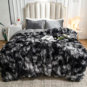 choshome plush shaggy duvet cover queen size, 3 pcs fluffy comforter fuzzy flannel bedding sets(1 faux fur duvet cover + 2 pillowcases), zipper closure & 8 corner ties, tie-dye dark grey