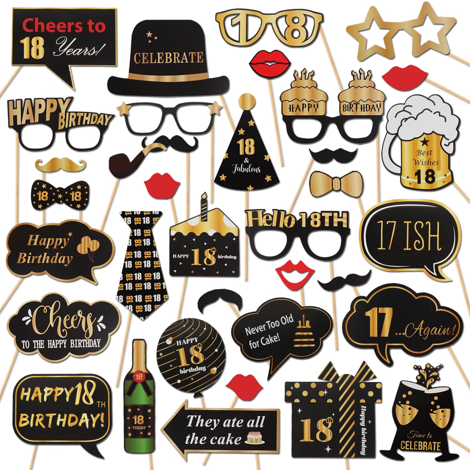 LINGTEER Happy 18th Birthday Party Photo Booth Props,Cheers to 18th Birthday Eighteen Years Old Bday Party Centerpieces Props Decorations Sign.